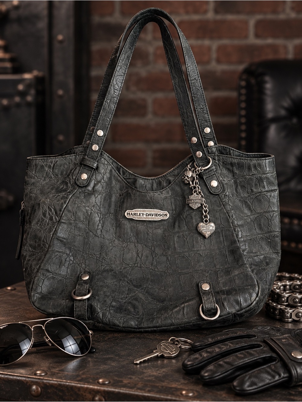 Rare Harley-Davidson Croc Embossed Leather Hobo Shoulder Bag Charm Black Retired